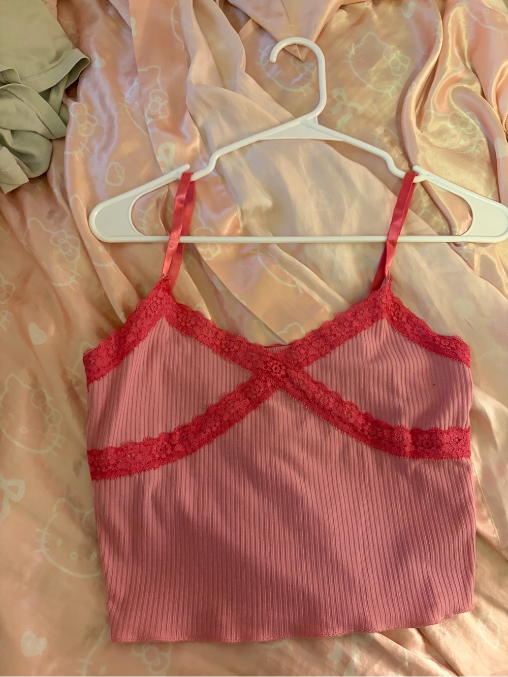 Pink Lace-Trim Ribbed Cami Top